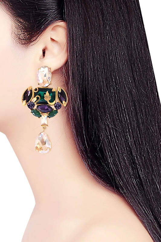 Cubic Zirconia Embellished Royal Crest Drop Earrings 