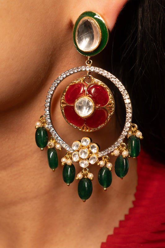 Floral Motif Kundan Drop Earrings 