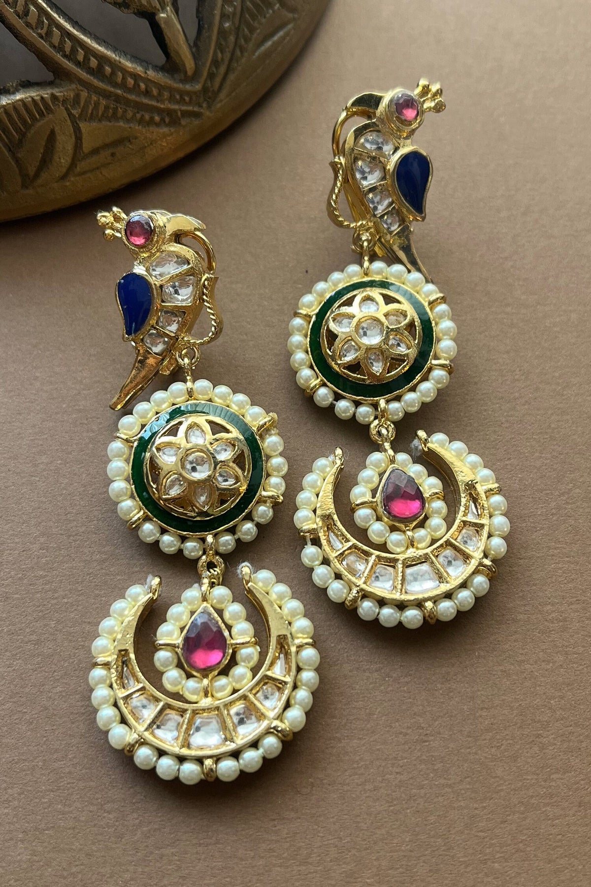 Kundan Bird & Floral Chandbali Earrings 
