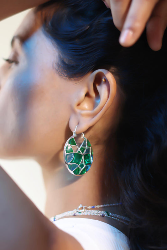 Enamel Embellished Silver Hoops 