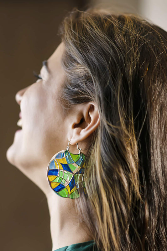 Enamel Embellished Silver Hoop Earrings 