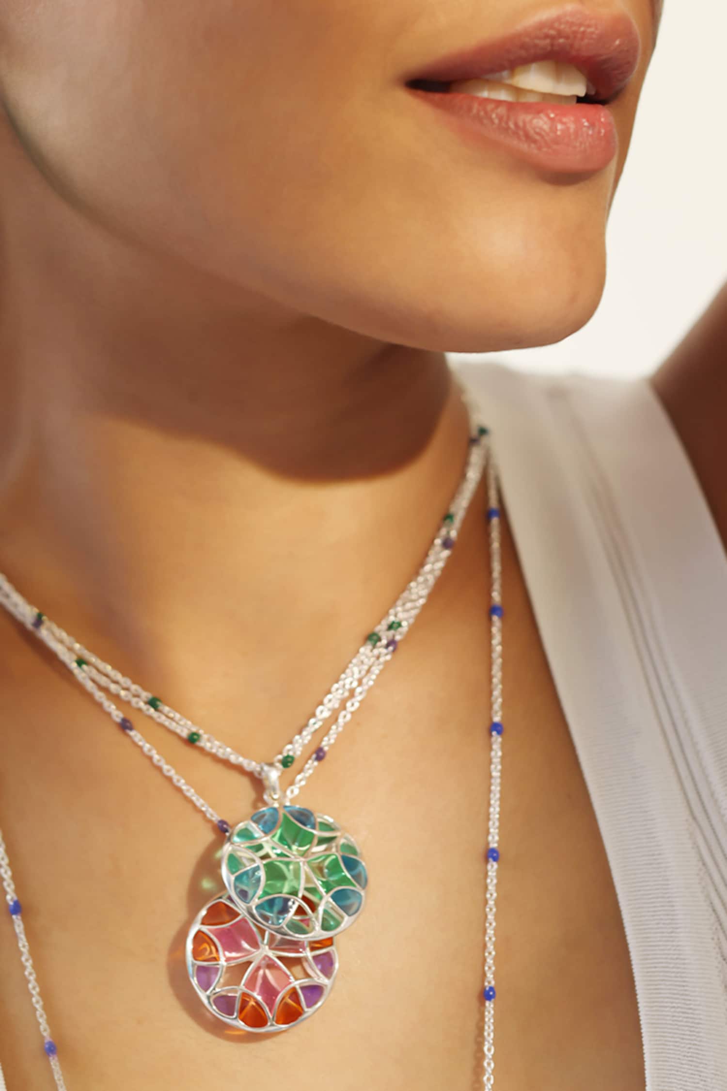 Enamel Detailing Silver Pendant Necklace 