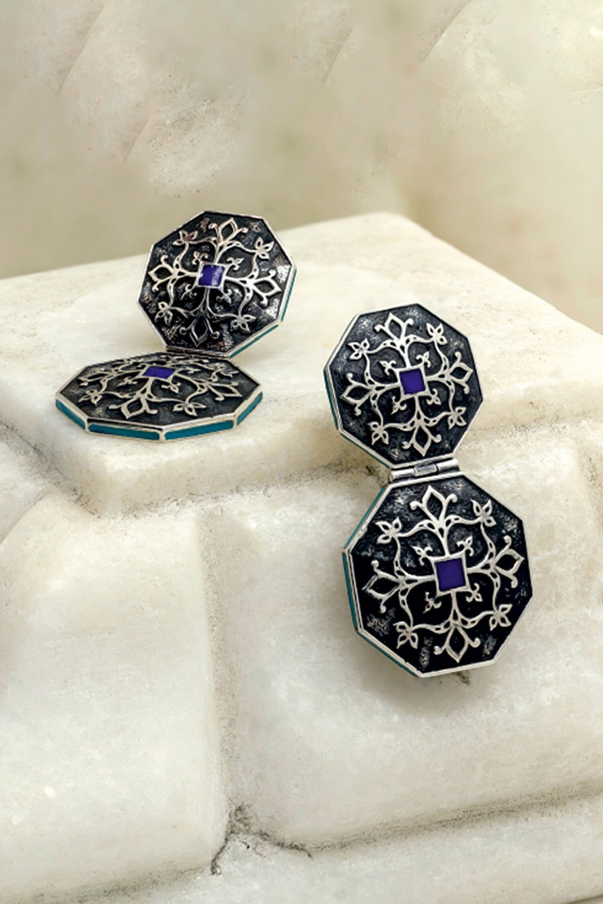 Carved Enamelled Silver Earrings 