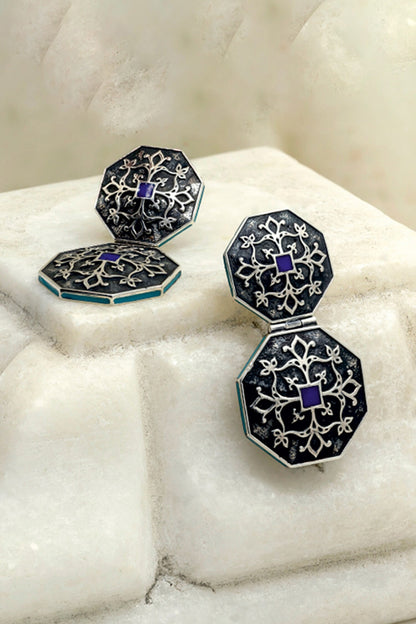 Carved Enamelled Silver Earrings 