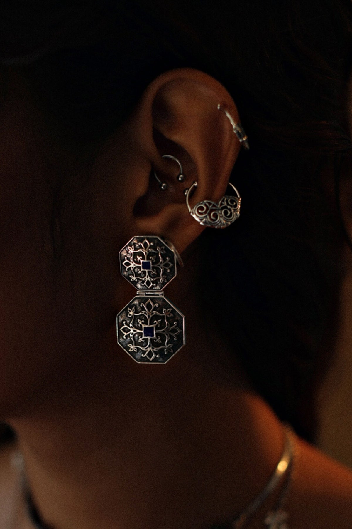 Carved Enamelled Silver Earrings 