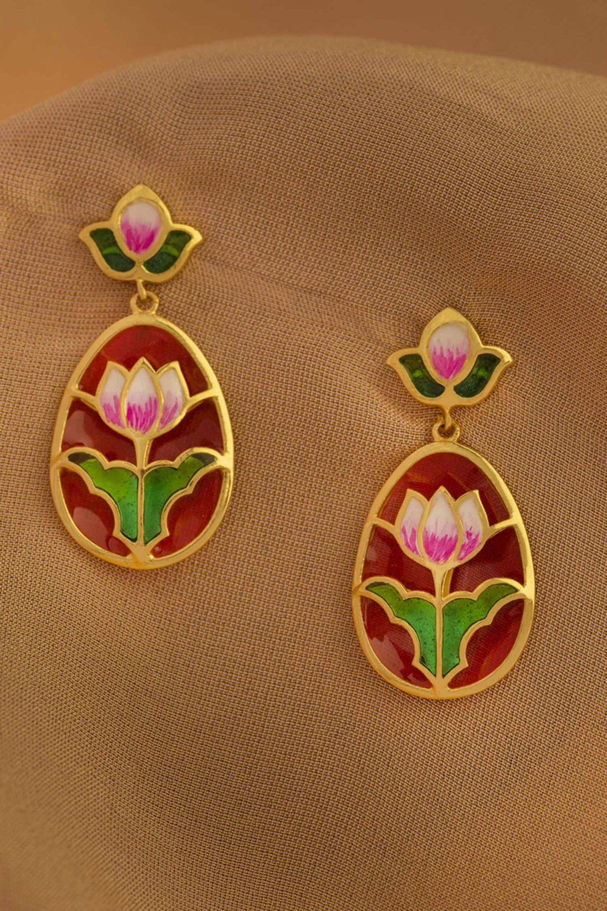 Gold Plated Enamelled Lotus Earrings 