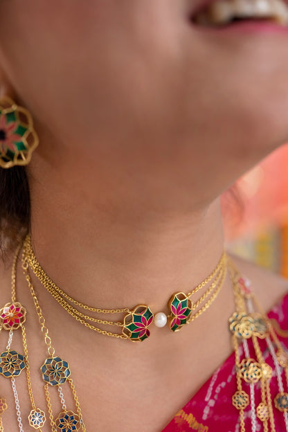Gold Plated Enamelled Blossom Choker 