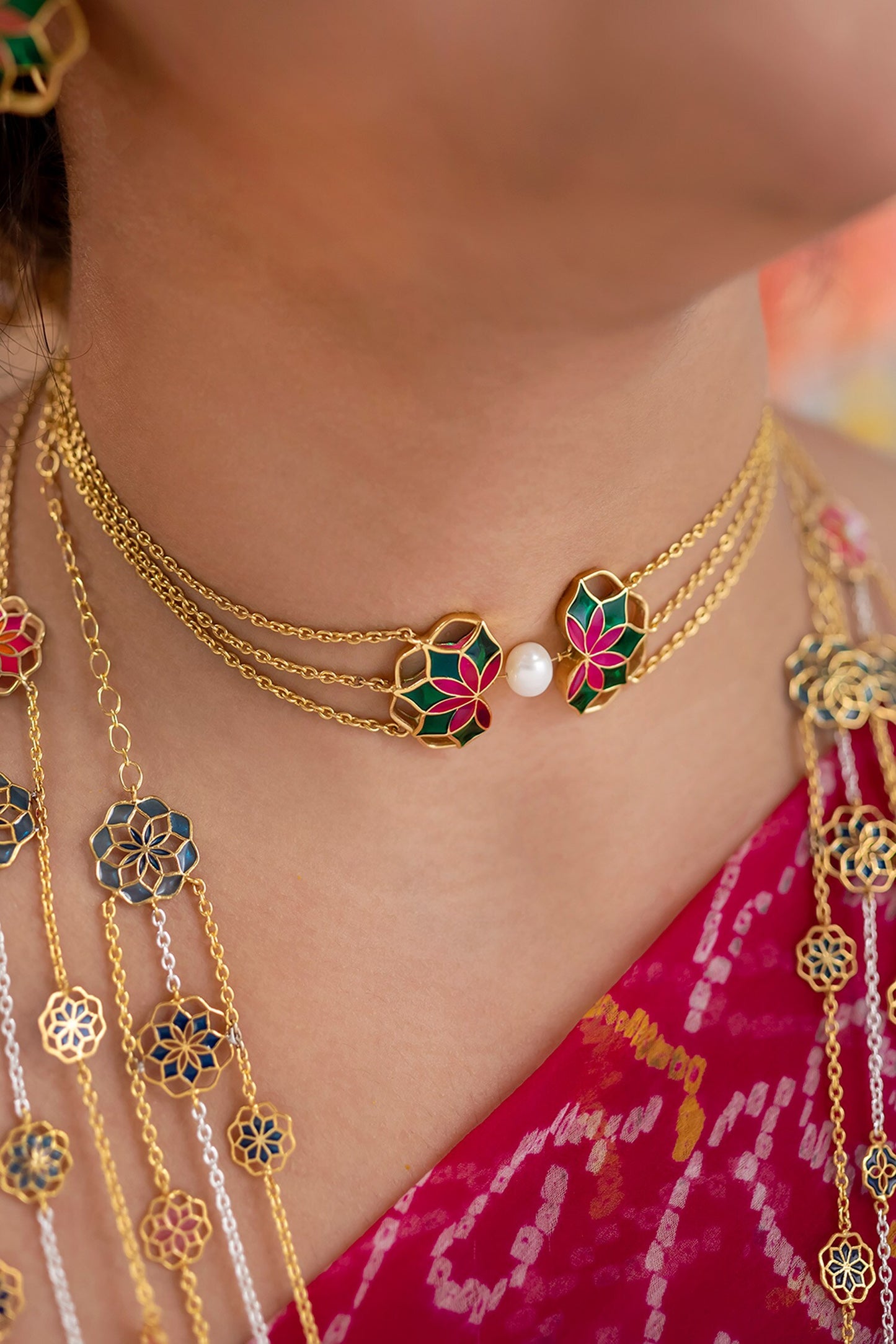 Gold Plated Enamelled Blossom Choker 