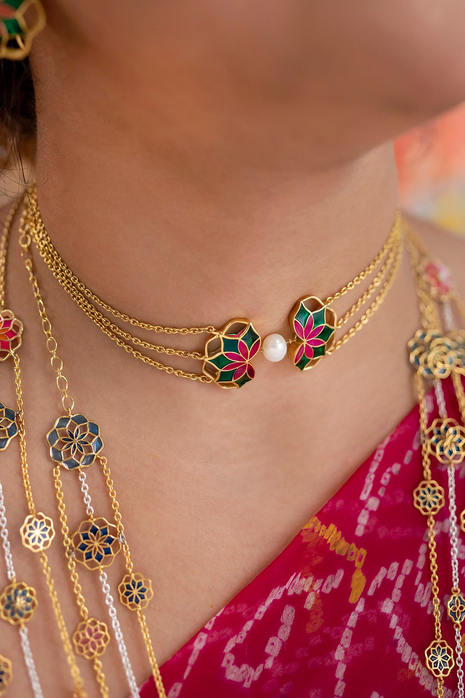 Gold Plated Enamelled Blossom Choker 