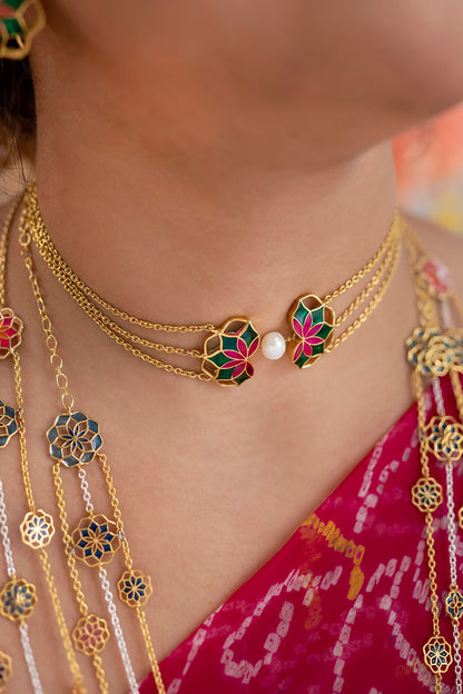 Gold Plated Enamelled Blossom Choker 