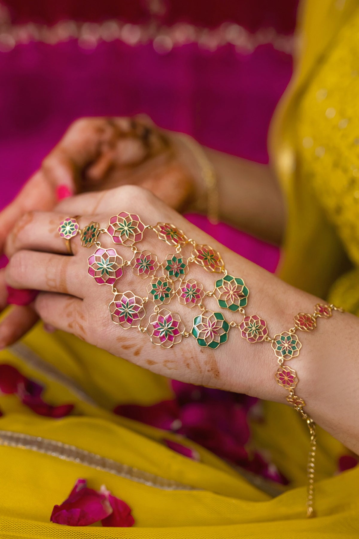 Enamelled Floral Haathphool Bracelet 