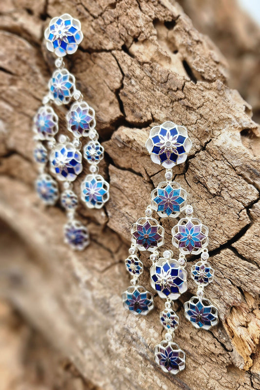 Floral Cut-Out Blue Enamel Dangler Earrings 