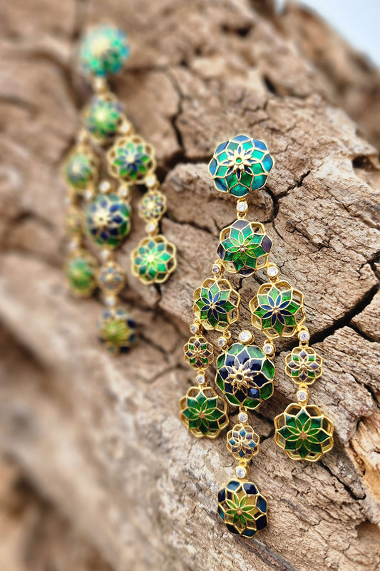 Floral Cut-Out Green Enamel Earrings 