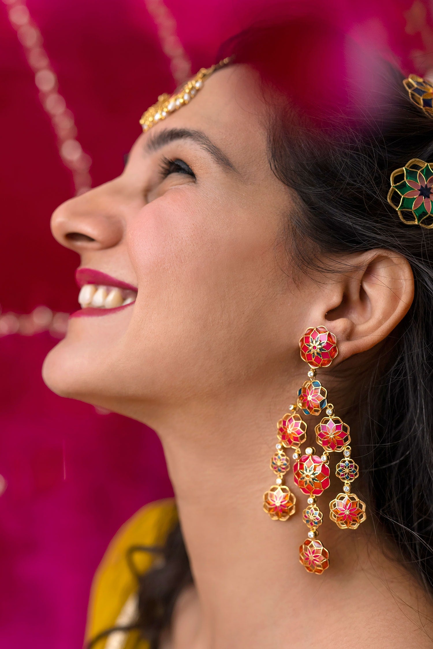 Floral Cut-Out Enamel Dangler Earrings 