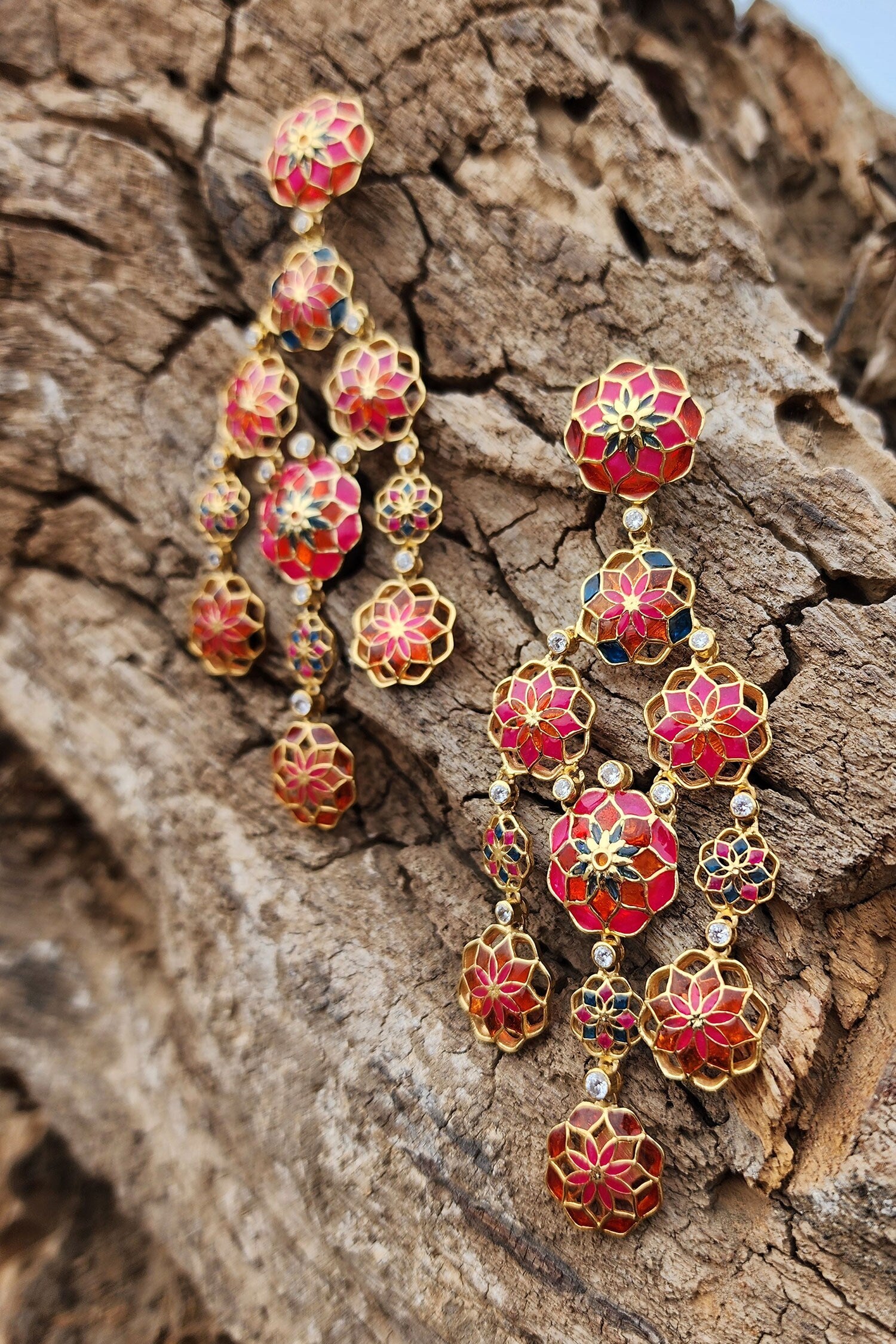 Floral Cut-Out Enamel Dangler Earrings 