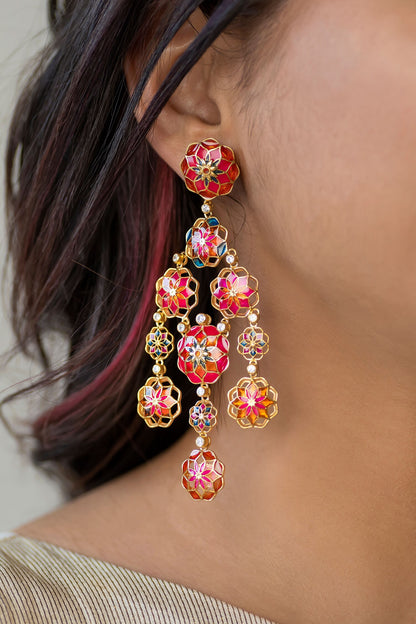 Floral Cut-Out Enamel Dangler Earrings 