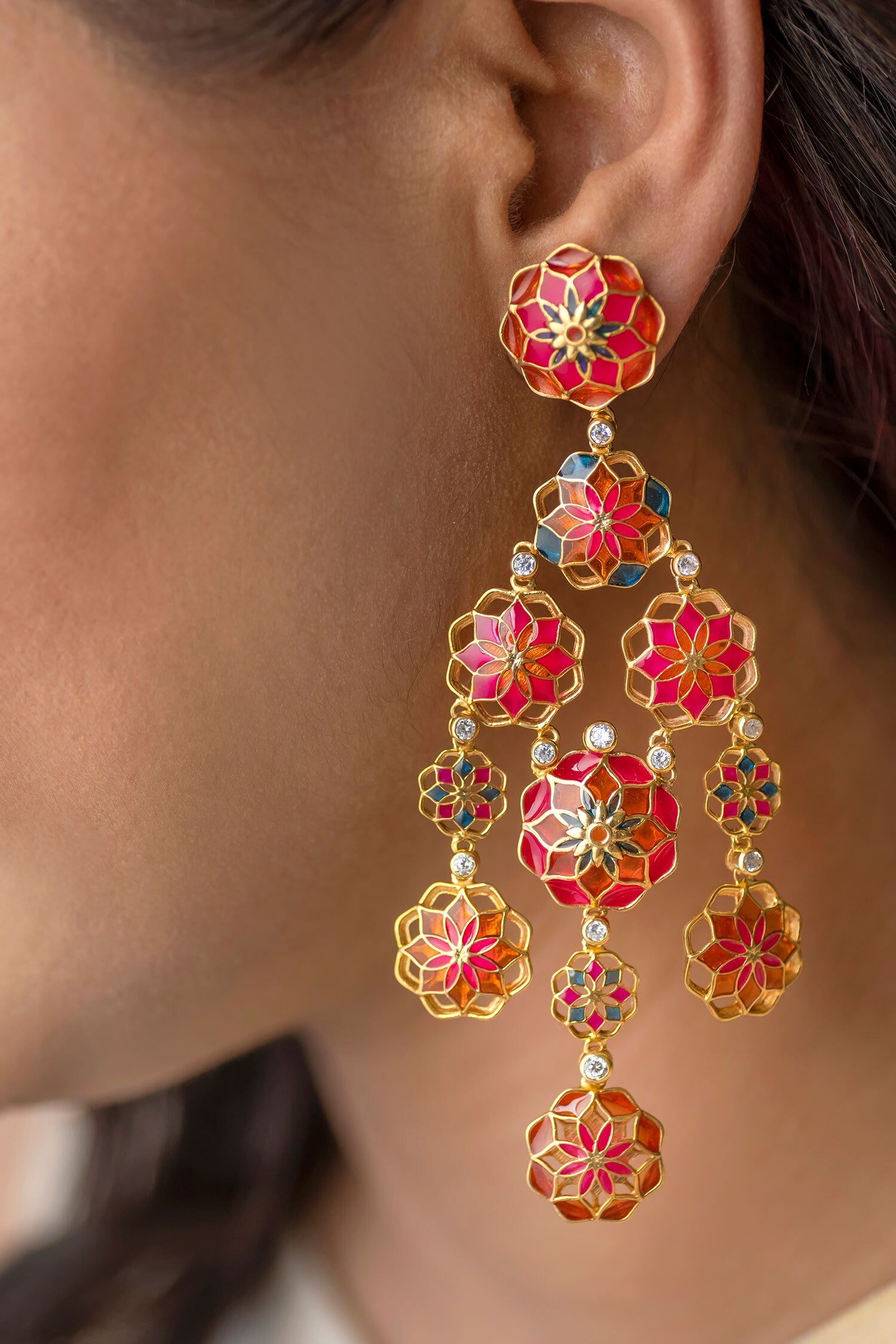 Floral Cut-Out Enamel Dangler Earrings 
