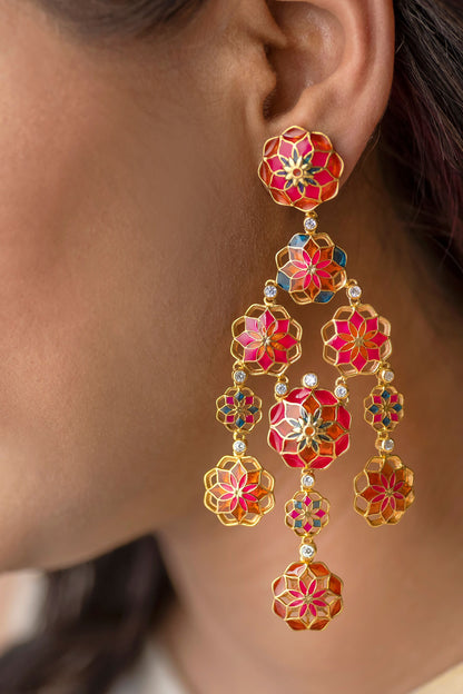 Floral Cut-Out Enamel Dangler Earrings 
