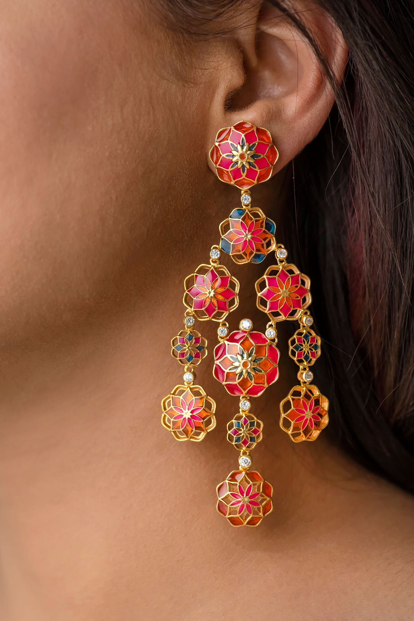 Floral Cut-Out Enamel Dangler Earrings 