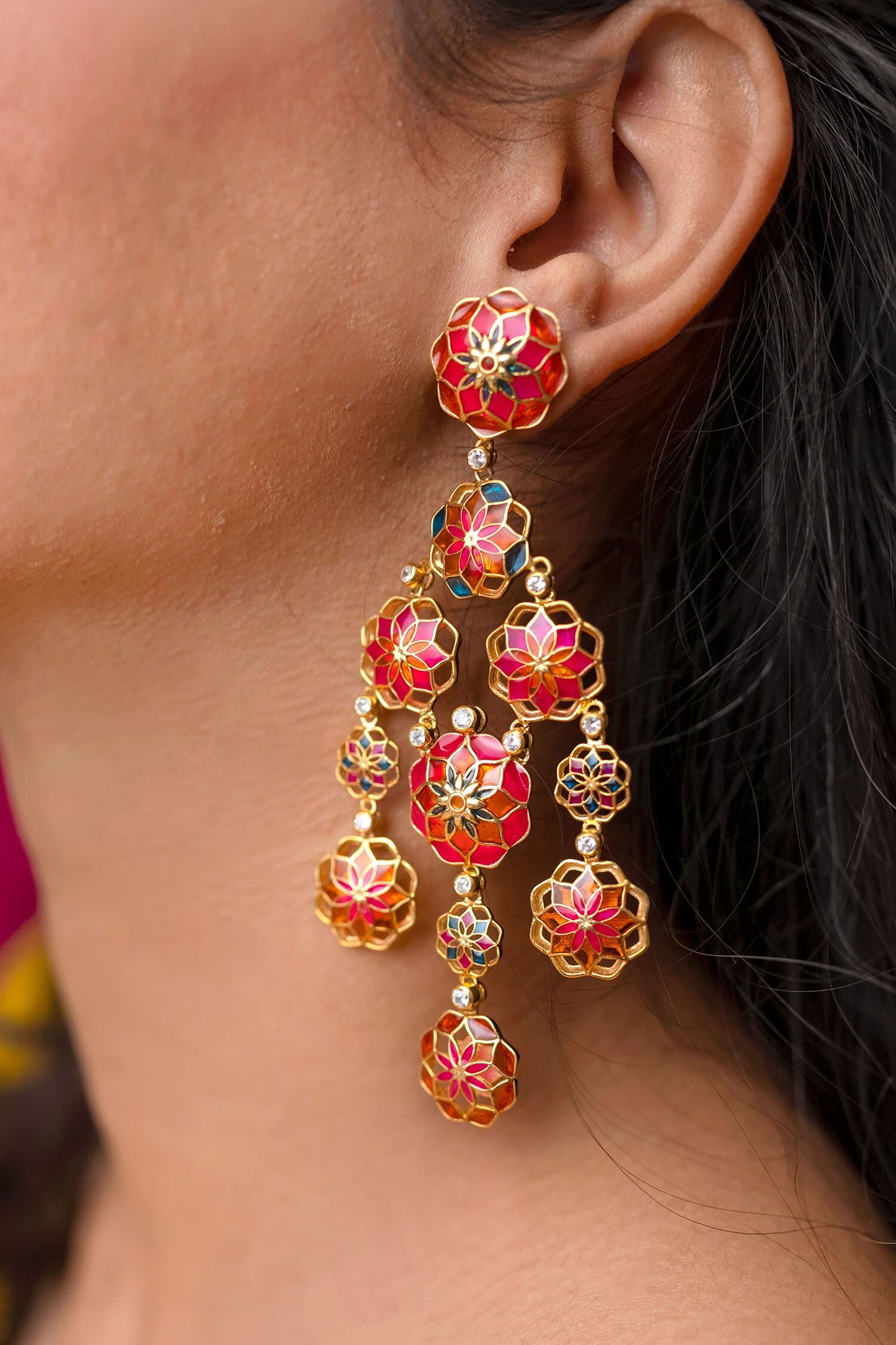 Floral Cut-Out Enamel Dangler Earrings 