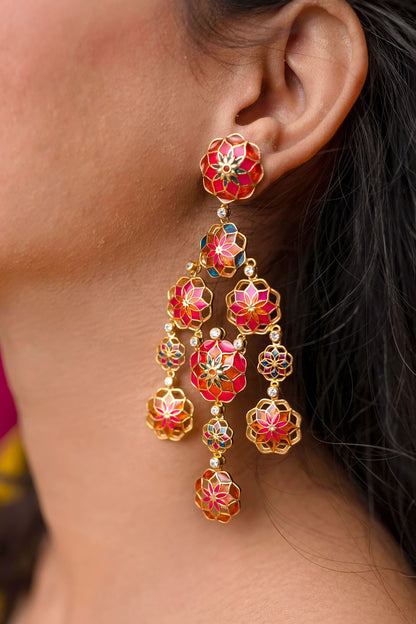 Floral Cut-Out Enamel Dangler Earrings 