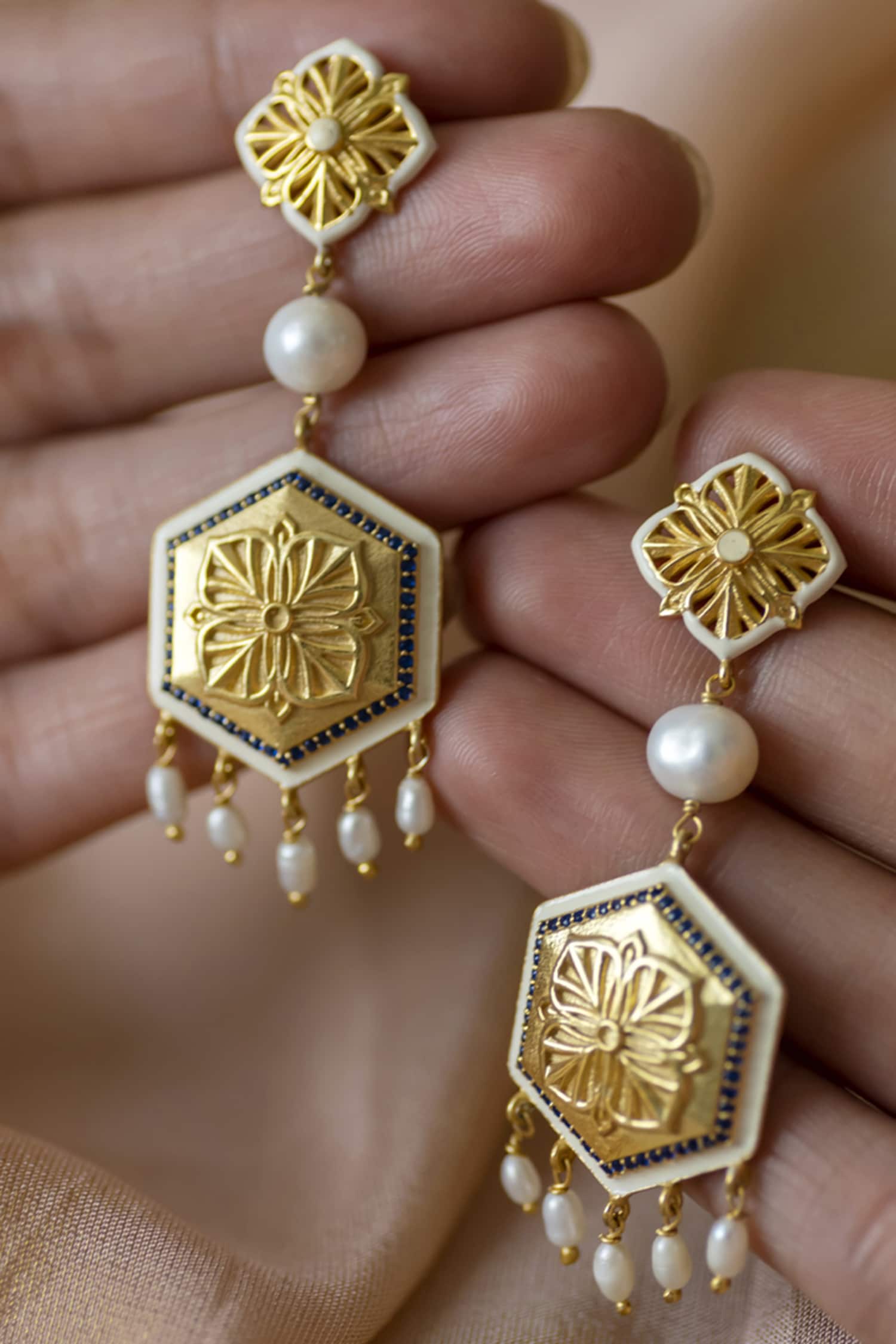 Gold Stone Zircon Carved Earrings 