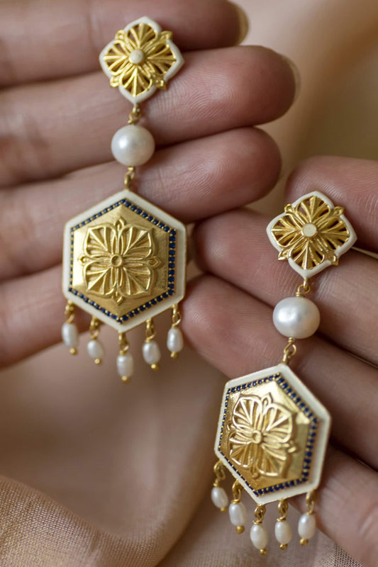 Gold Stone Zircon Carved Earrings 