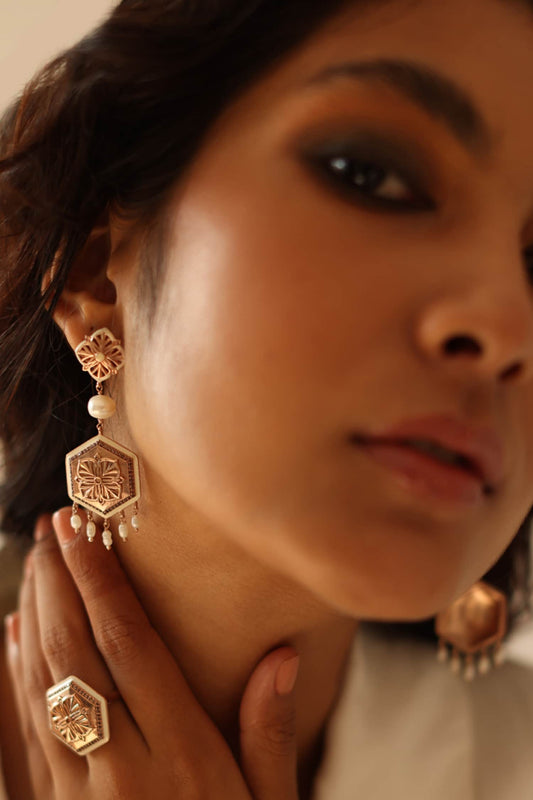 Floral Carved Rose Gold Earrings 