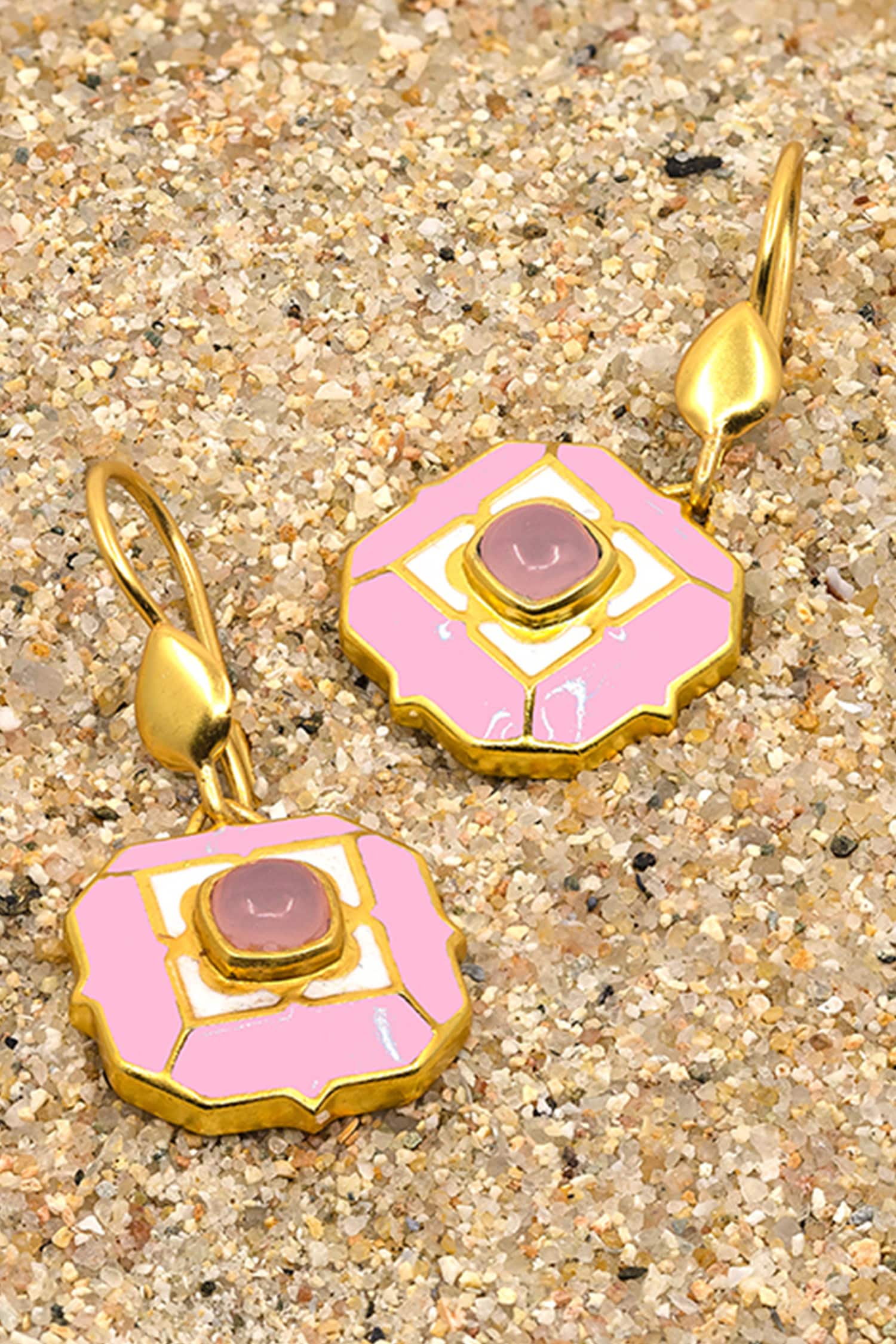 Geometric Rose Quartz Dangle Earrings 