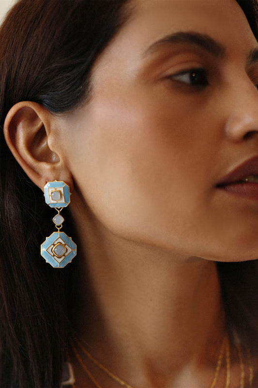 Gold Plated Blue Calcedony Dangler Earrings 