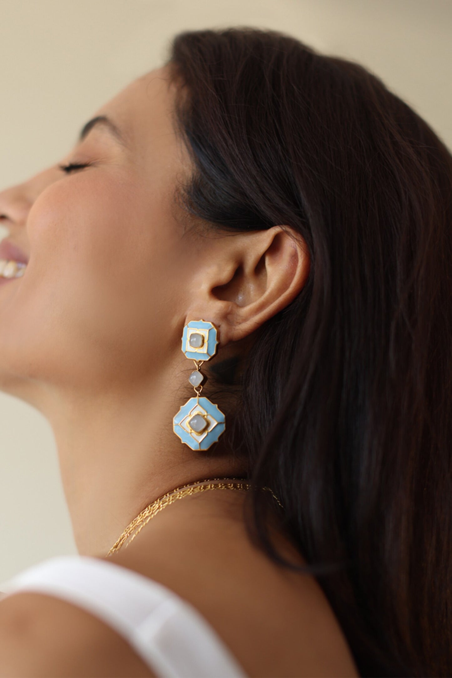 Gold Plated Blue Calcedony Dangler Earrings 