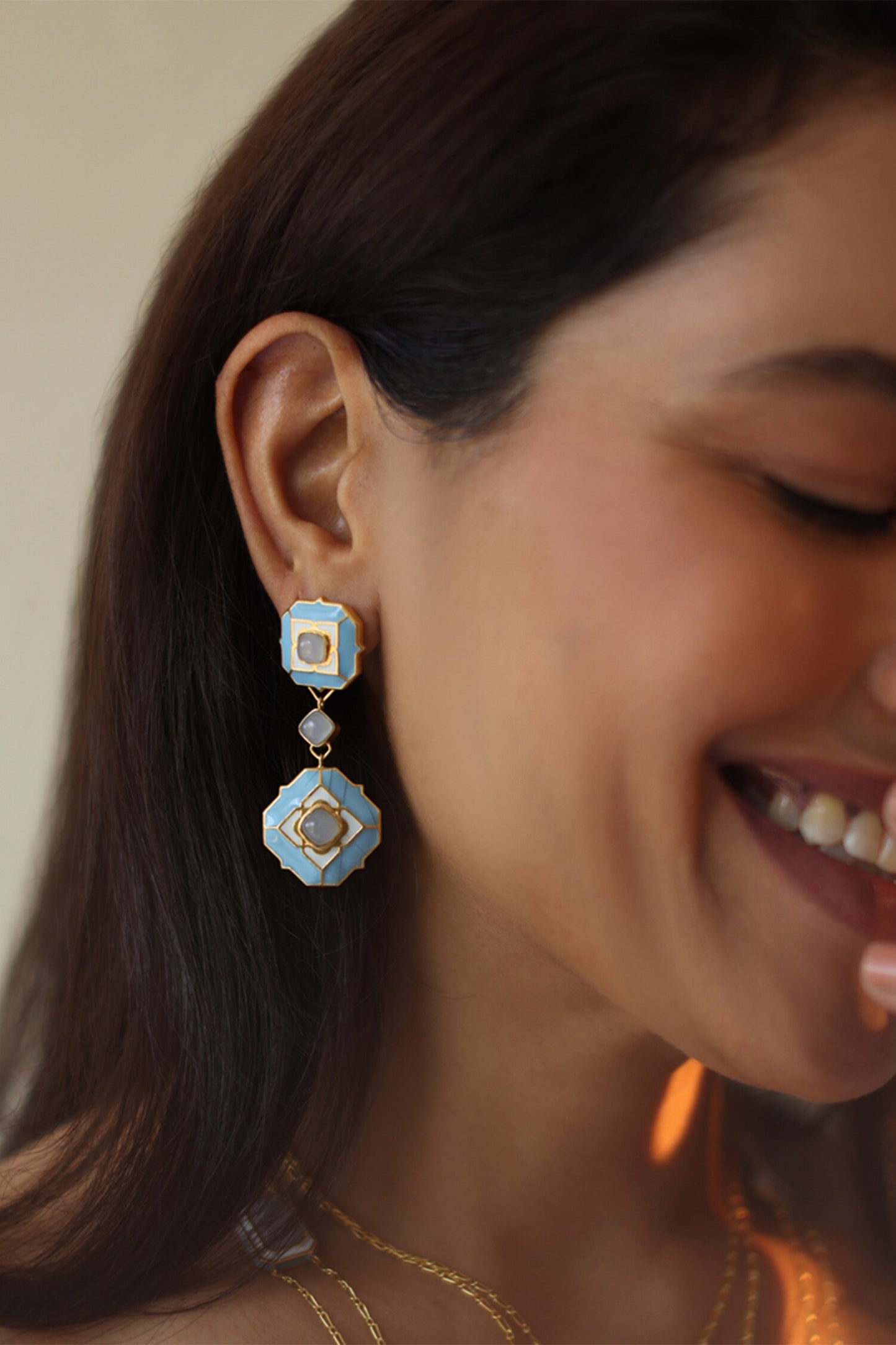 Gold Plated Blue Calcedony Dangler Earrings 