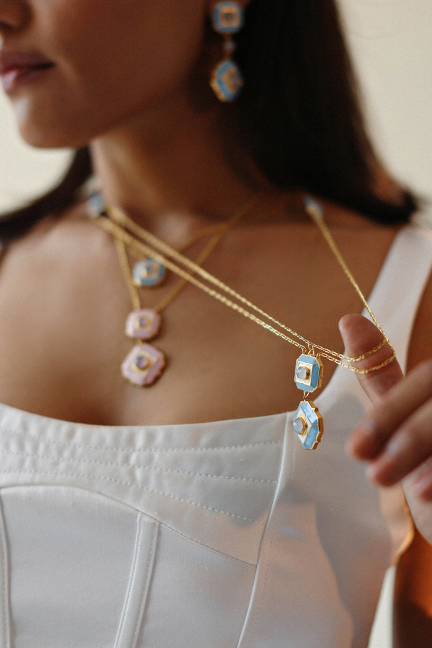 Geometric Blue Calcedony Pendant Necklace 