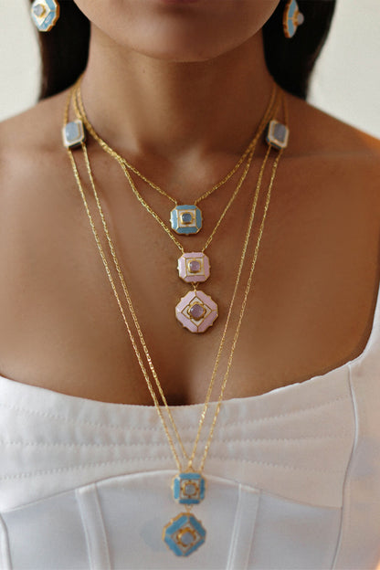Geometric Rose Quartz Pendant Necklace 