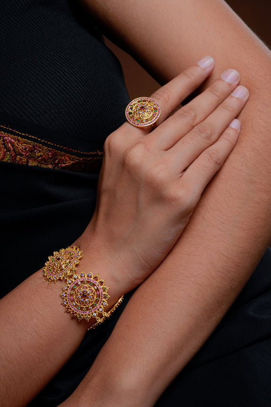 Gold Stone Embellished Floral Bracelet 