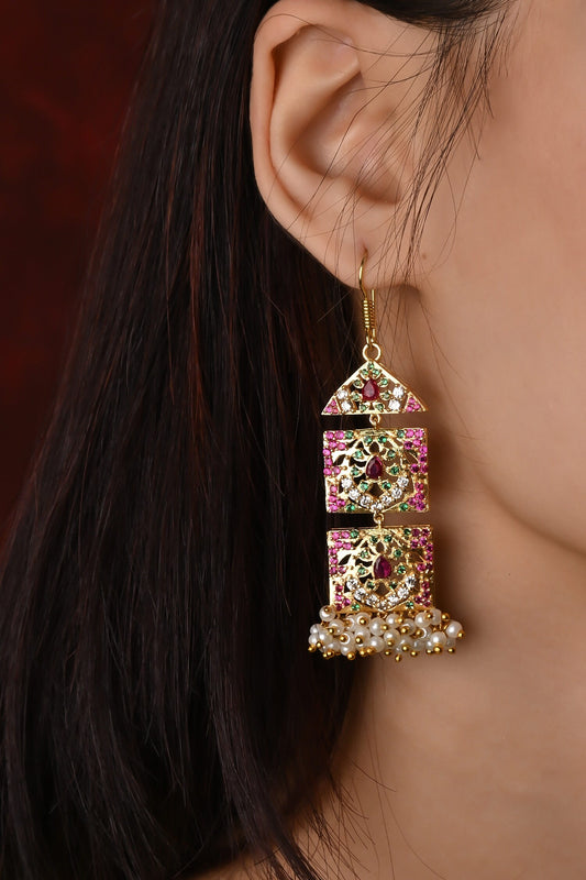 Gold Jadau Stone Tassel Earrings 