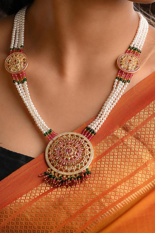 Gold Multicolor Stone Pearl Long Necklace 
