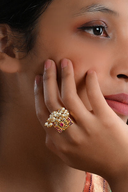 Gold Stone Embellished Adjustable Ring 