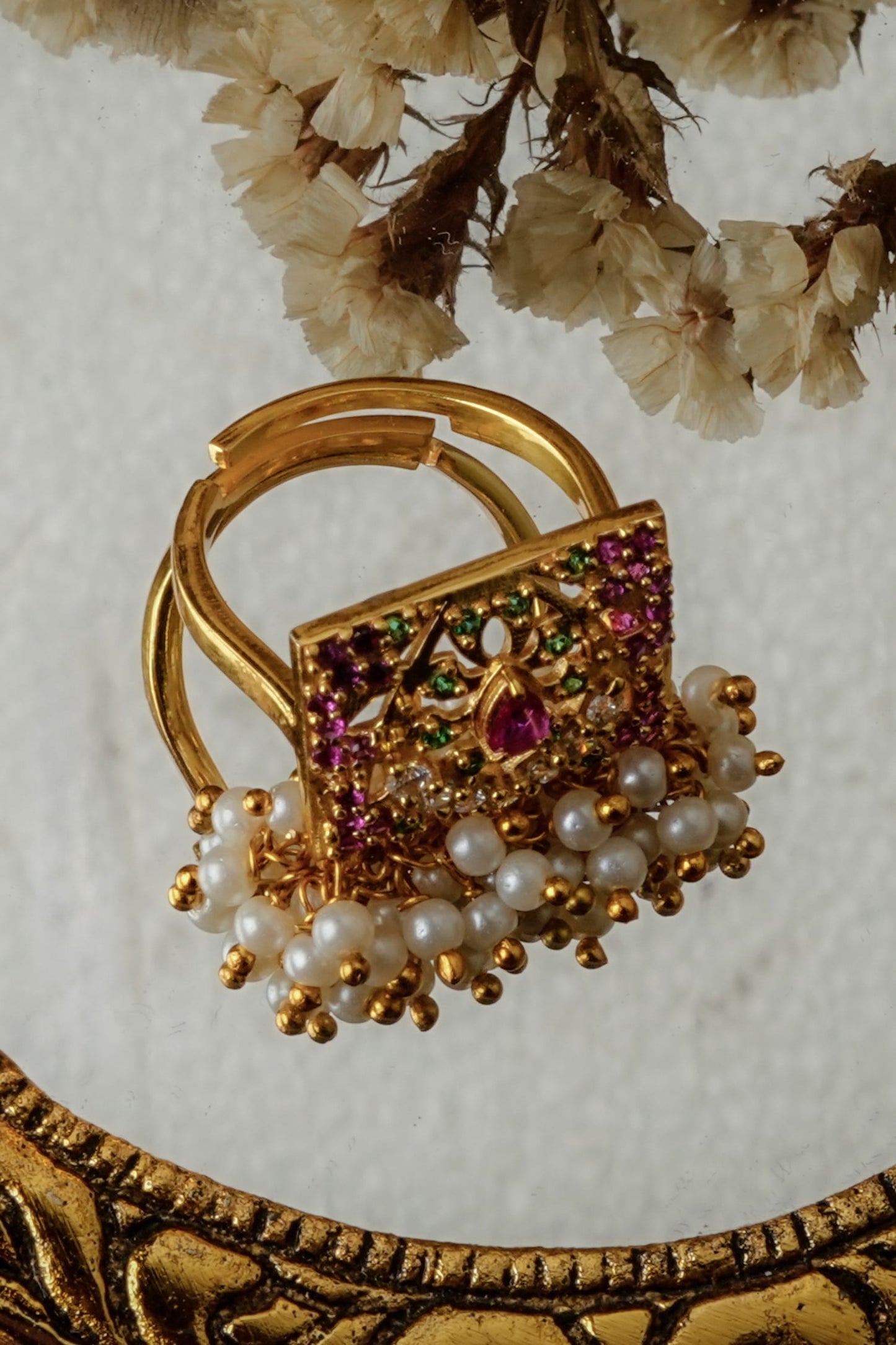 Gold Stone Embellished Adjustable Ring 