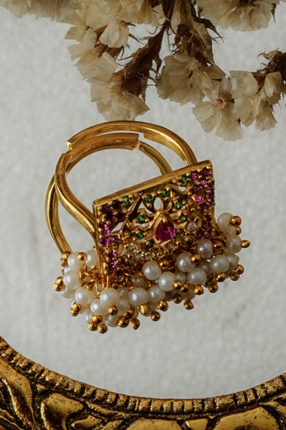 Gold Stone Embellished Adjustable Ring 