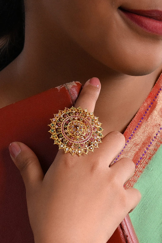 Gold Stone Floral Mandala Ring 