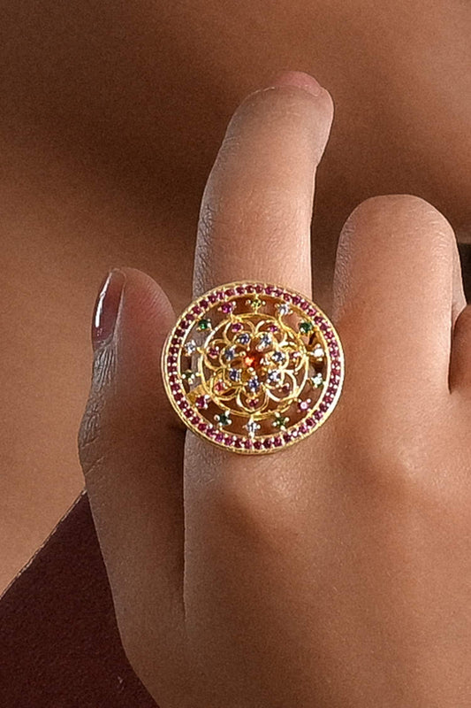Gold Stone Embellished Sphere Ring 