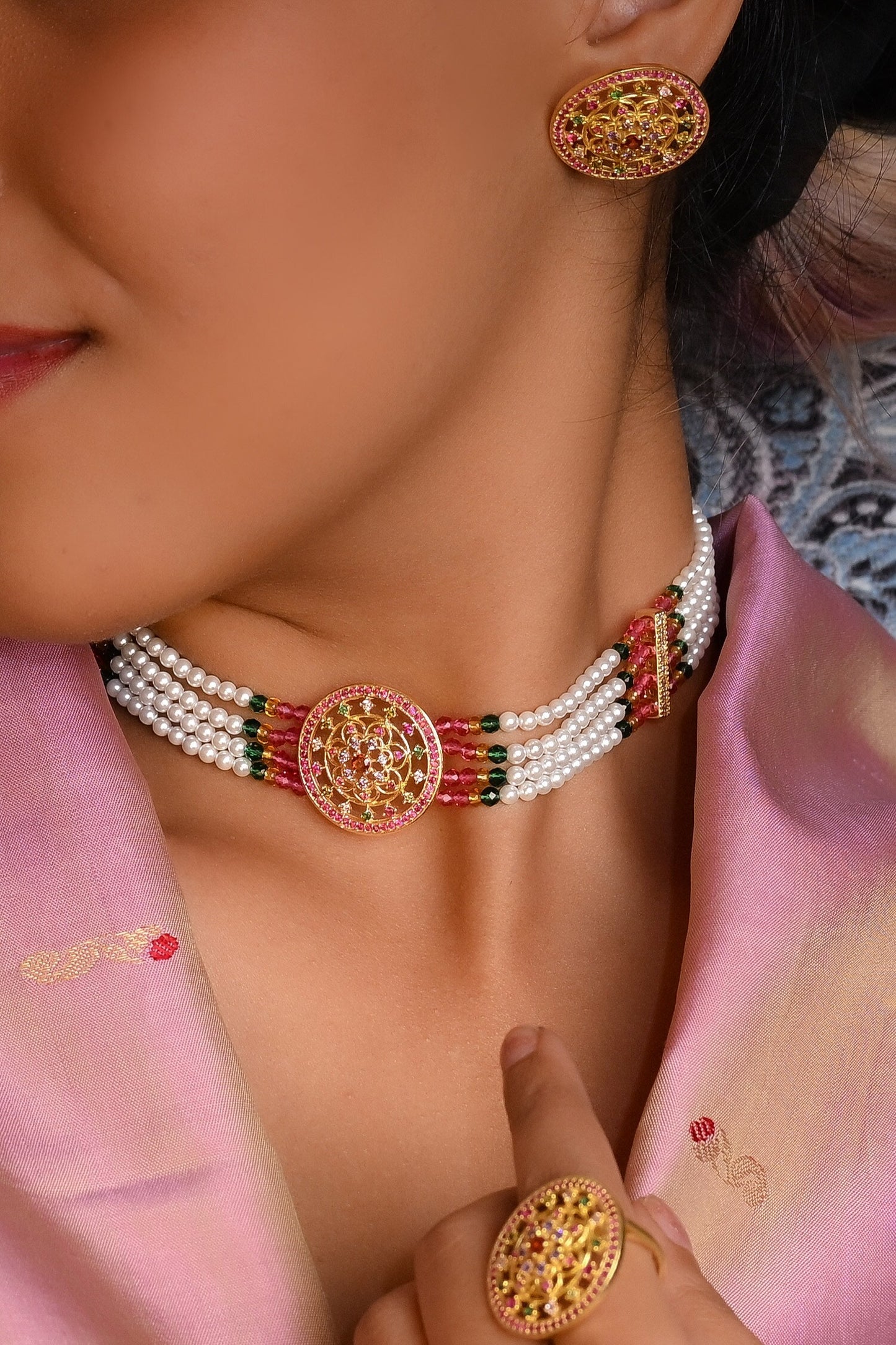 Gold Pearl Stone Choker Set 