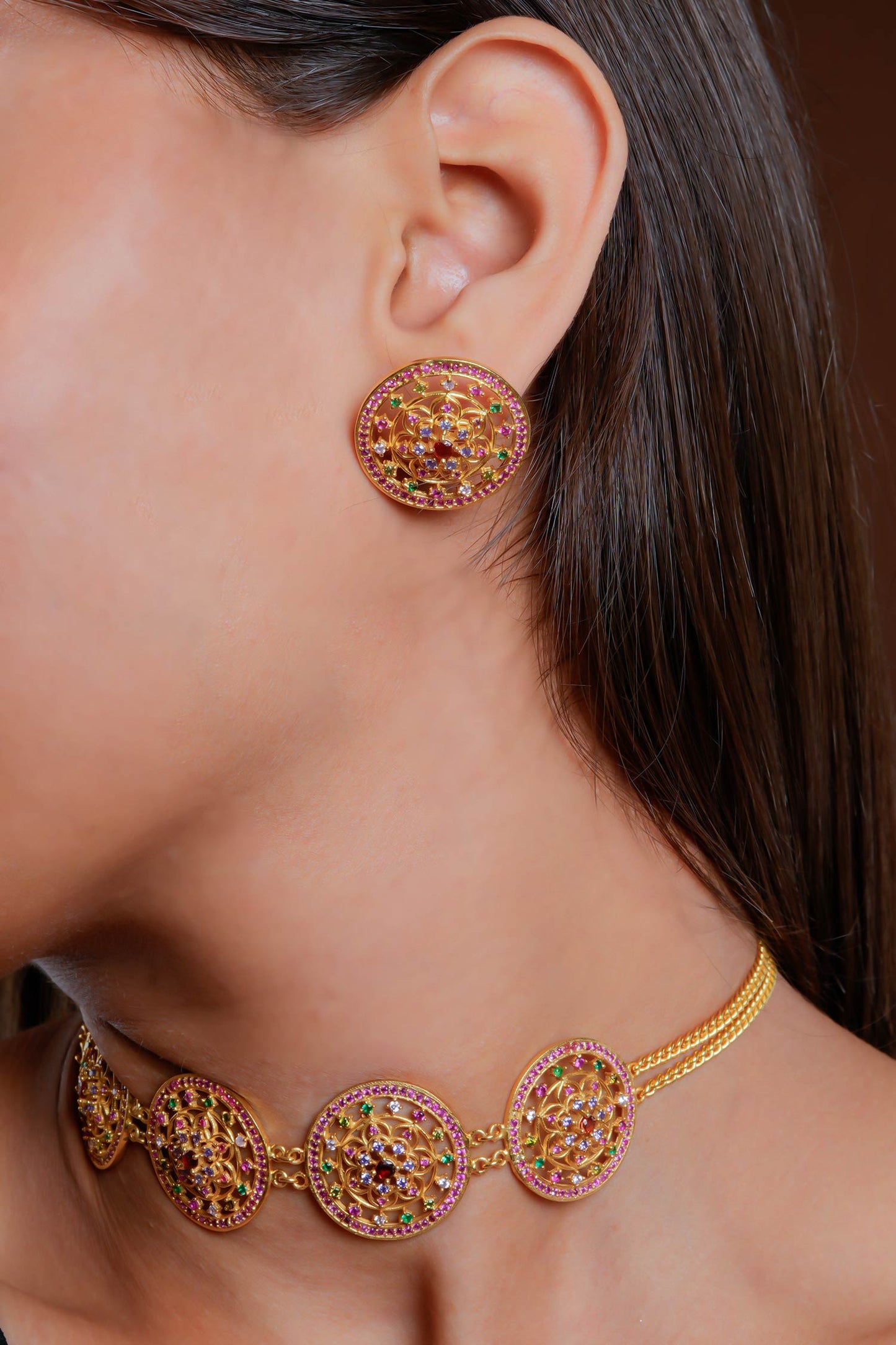 Gold Stone Embellished Choker Set 