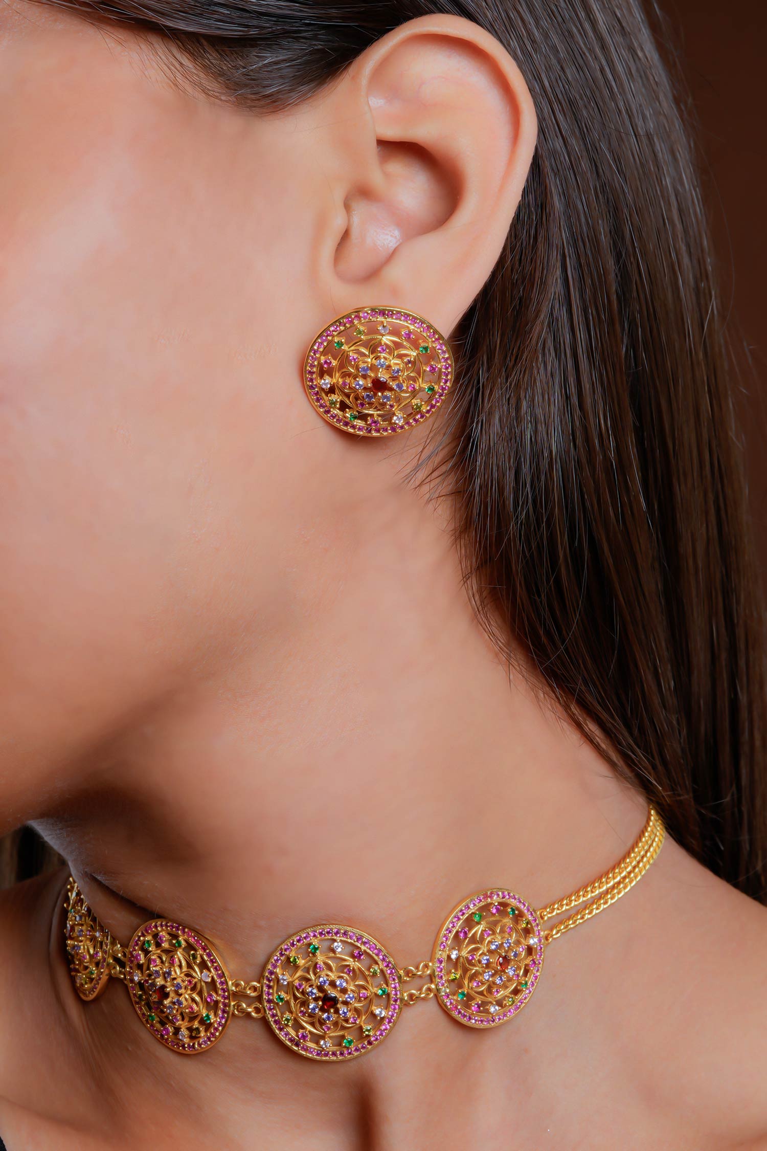 Gold Stone Embellished Choker Set 