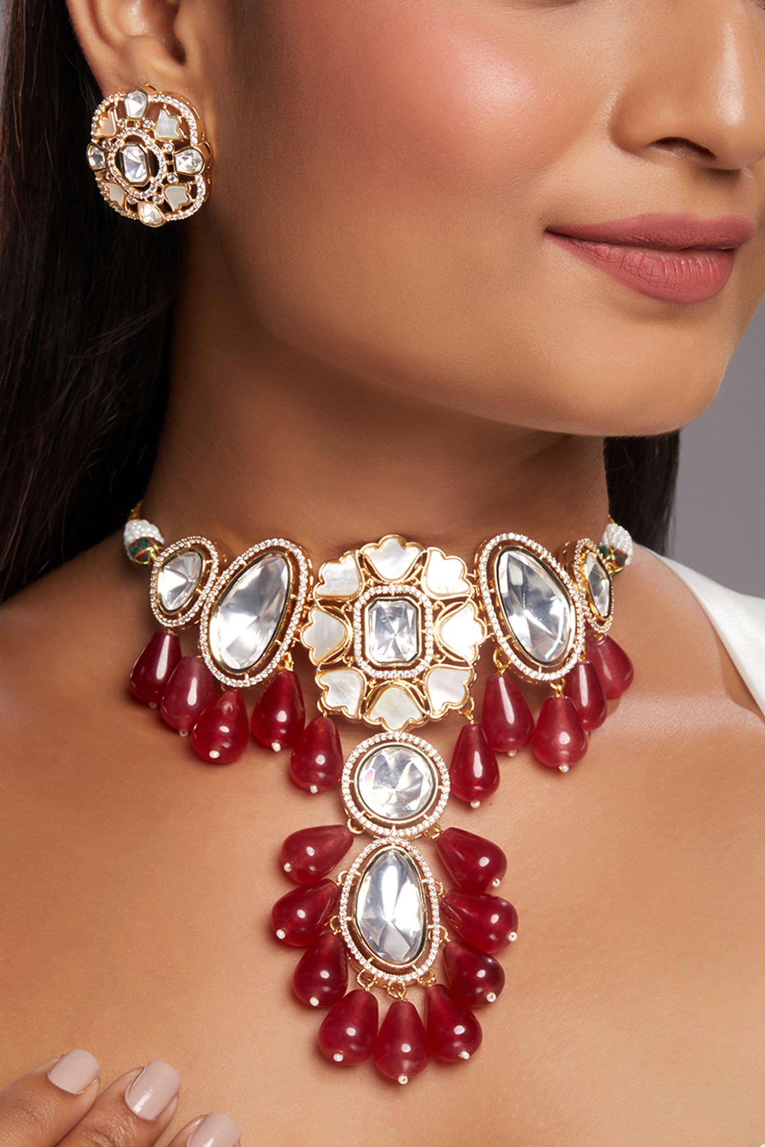 Red Moissanite Kundan Polki Choker Set 