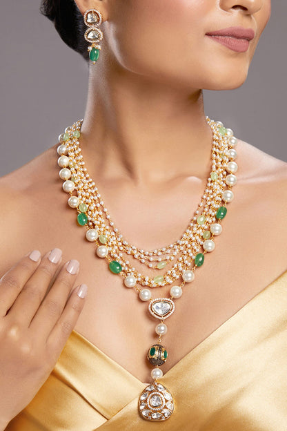 Kundan Polki Layered Drop Necklace Set 