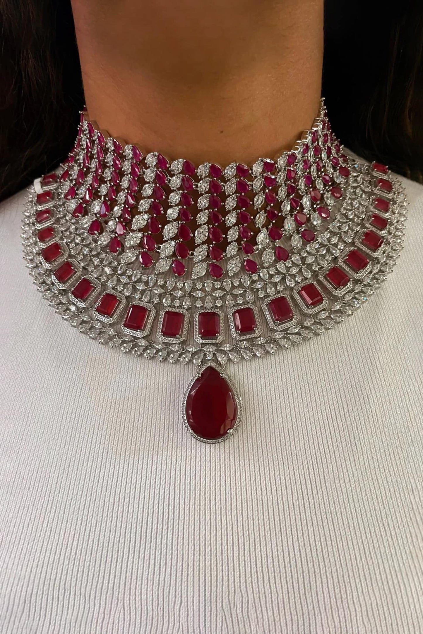 Ruby Stone & Faux Diamond Jewellery Set 