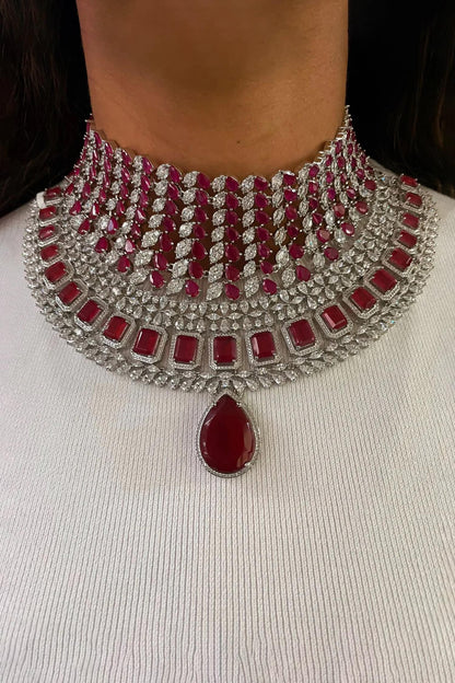 Ruby Stone & Faux Diamond Jewellery Set 