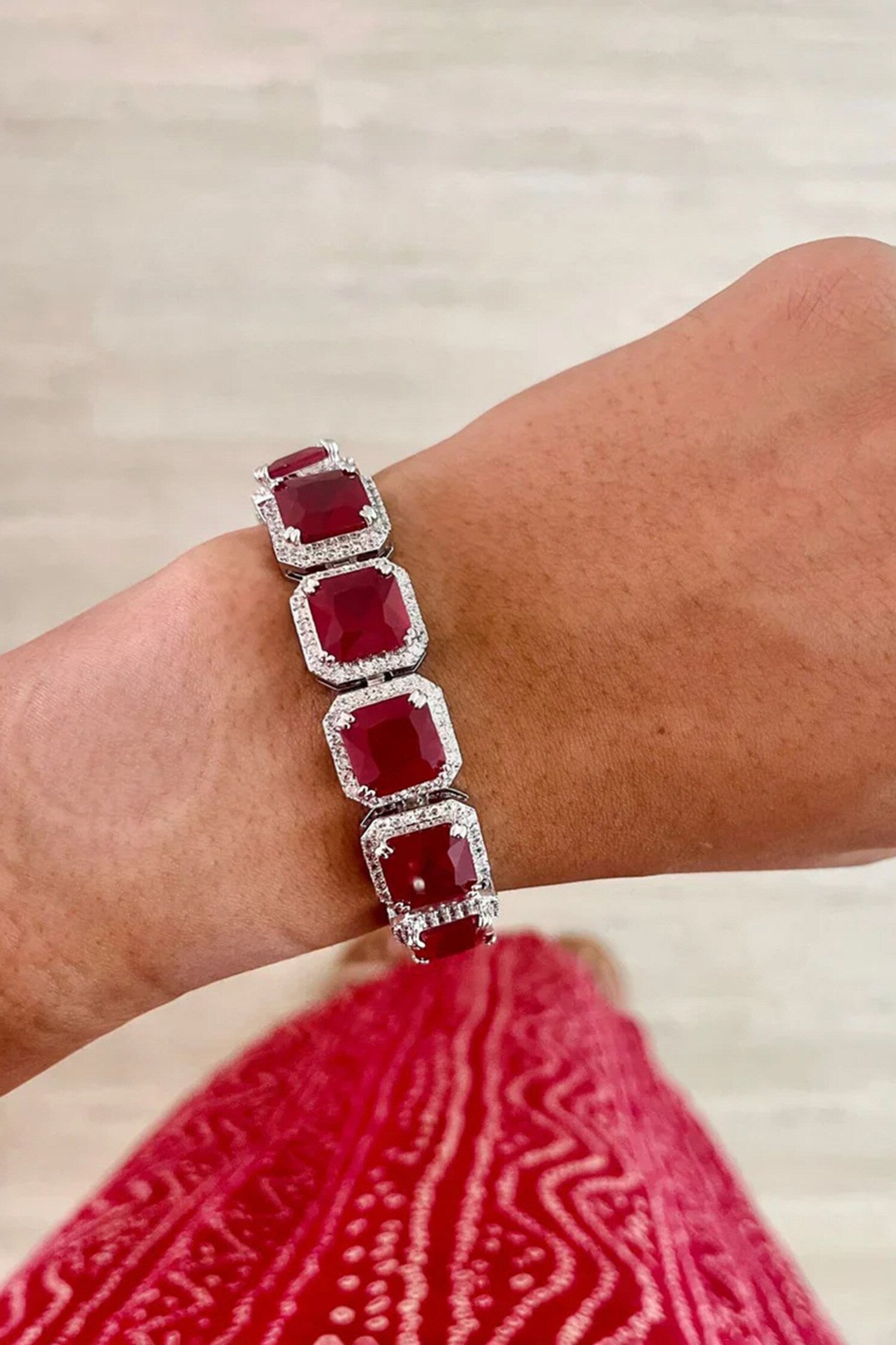 Ruby Stone & Faux Diamond Jewellery Set 